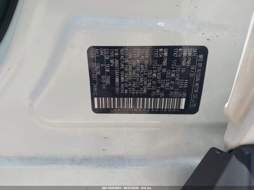 2021 Nissan Rogue VIN JN8AT3AA4MW001891 IAAI salvage auction — SIDE, Salvage Title, sold $5,600 on 2026-07-31 (photo 9)