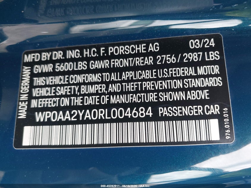 2024 Porsche Panamera VIN WP0AA2YA0RL004684 IAAI salvage auction — REAR END, Clear (Georgia), sold $61,750 on 2026-07-20 (photo 9)