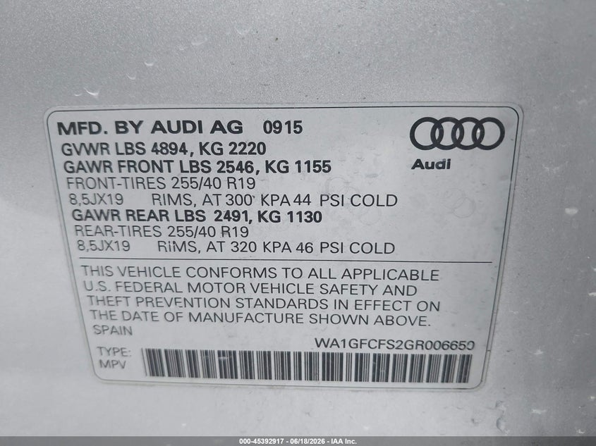 2016 Audi Q3 VIN WA1GFCFS2GR006650 IAAI salvage auction — FRONT END, Rebuildable (Florida), sold $1,450 on 2026-07-29 (photo 9)