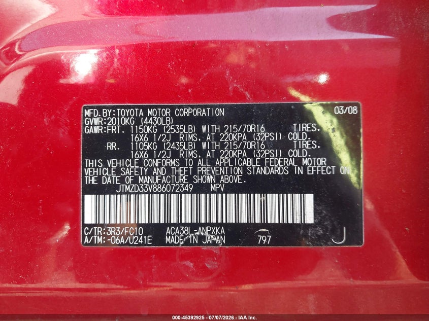 2008 Toyota Rav 4 VIN JTMZD33V886072349 IAAI salvage auction — LEFT FRONT, Salvage (Idaho), sold $975 on 2026-07-17 (photo 9)
