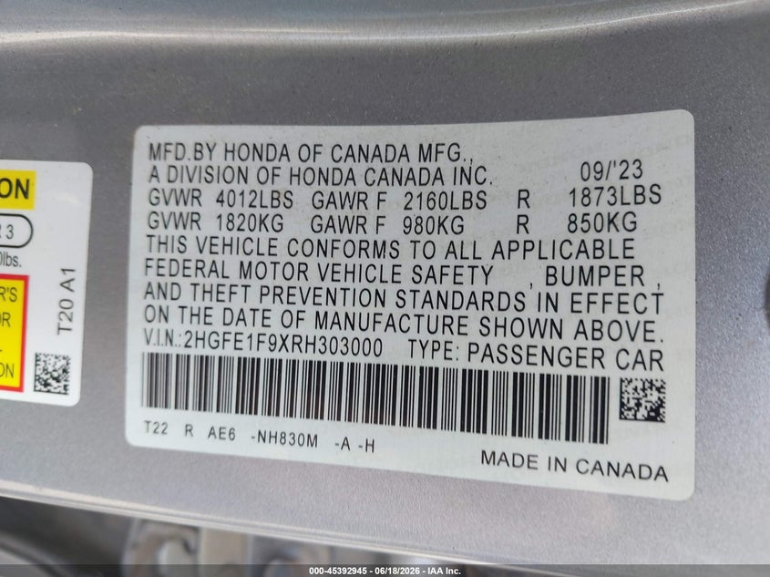 2024 Honda Civic VIN 2HGFE1F9XRH303000 IAAI salvage auction — THEFT, Salvage Title, sold $9,600 on 2026-07-31 (photo 9)