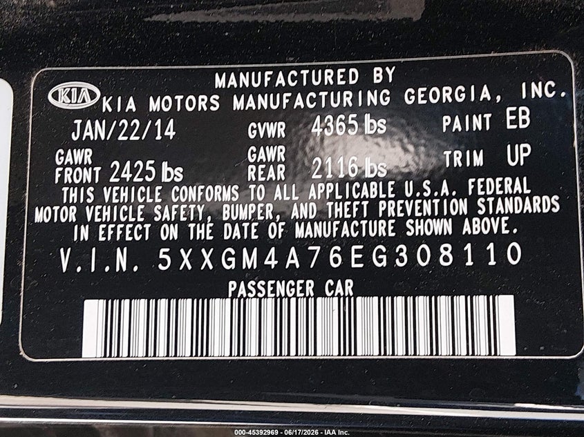 2014 Kia Optima VIN 5XXGM4A76EG308110 IAAI salvage auction — LEFT SIDE, Salvage (California), sold $800 on 2026-07-13 (photo 9)