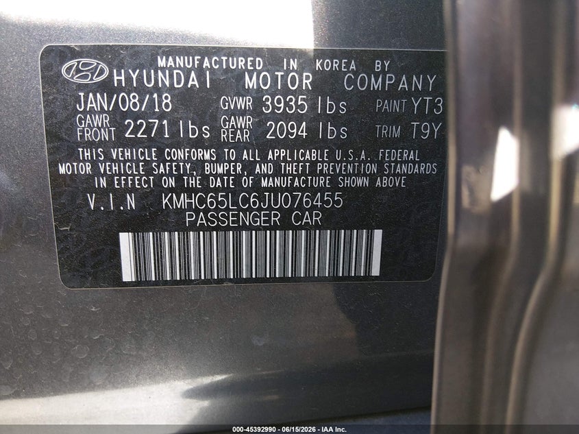 2018 Hyundai VIN KMHC65LC6JU076455 IAAI salvage auction — RIGHT REAR, Salvage (Tennessee), sold $1,200 on 2026-07-23 (photo 9)