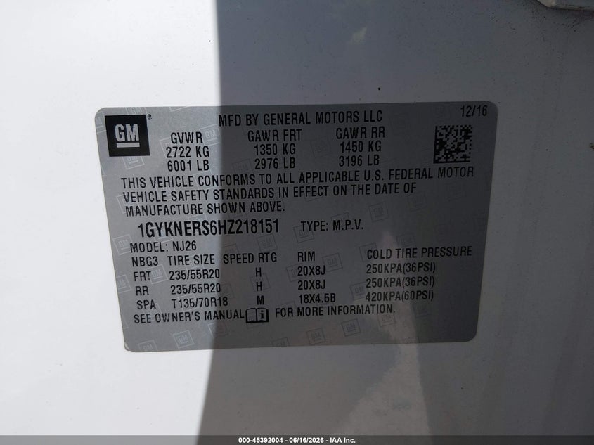 2017 Cadillac Xt5 VIN 1GYKNERS6HZ218151 IAAI salvage auction — RIGHT FRONT, Salvage (Idaho), sold $2,200 on 2026-07-10 (photo 9)