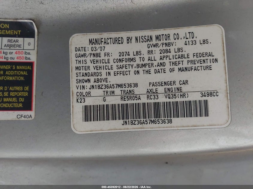 2007 Nissan 350z VIN JN1BZ36A57M653638 IAAI salvage auction — SIDE, Salvage (Tennessee), sold $750 on 2026-07-06 (photo 9)