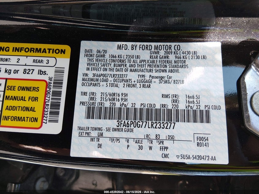 2020 Ford Fusion VIN 3FA6P0G77LR233277 IAAI salvage auction — NORMAL WEAR, SF97 (Virginia), sold $10,000 on 2026-07-22 (photo 9)