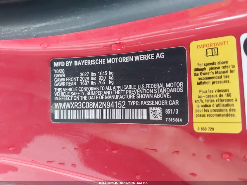 2021 Mini Hard top VIN WMWXR3C08M2N94152 IAAI salvage auction — REAR END, Salvage Title, sold $725 on 2026-07-21 (photo 9)