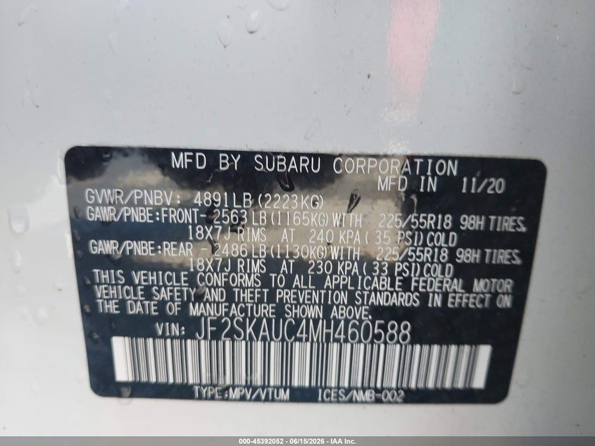 2021 Subaru Forester VIN JF2SKAUC4MH460588 IAAI salvage auction — FRONT END, Salvage (North Carolina), sold $3,150 on 2026-07-30 (photo 9)