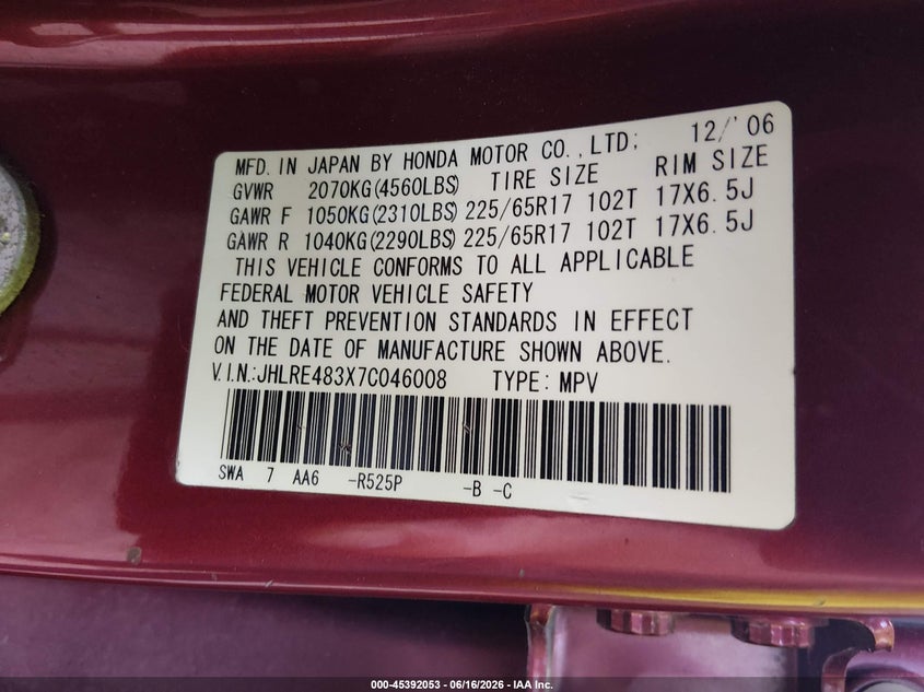 2007 Honda Cr-v VIN JHLRE483X7C046008 IAAI salvage auction — NORMAL WEAR, Clear (Virginia), sold $1,550 on 2026-07-07 (photo 9)