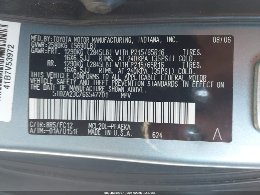 2006 Toyota Sienna VIN 5TDZA23C76S547701 IAAI salvage auction — NORMAL WEAR, Clear (Maryland), sold $25 on 2026-07-28 (photo 9)