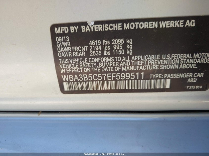 2014 BMW 3er VIN WBA3B5C57EF599511 IAAI salvage auction — UNDERCARRIAGE, Salvage Title, sold $125 on 2026-08-18 (photo 9)