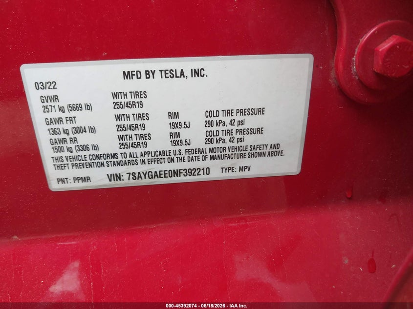 2022 Tesla Model y VIN 7SAYGAEE0NF392210 IAAI salvage auction — REAR END, Salvage (Massachusetts), sold $10,600 on 2026-07-29 (photo 9)