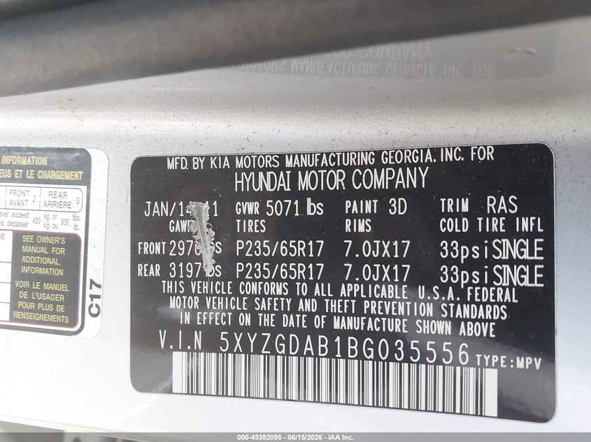 2011 Hyundai Santa fe VIN 5XYZGDAB1BG035556 IAAI salvage auction — NORMAL WEAR, Clear (New York), sold $1,050 on 2026-07-07 (photo 9)