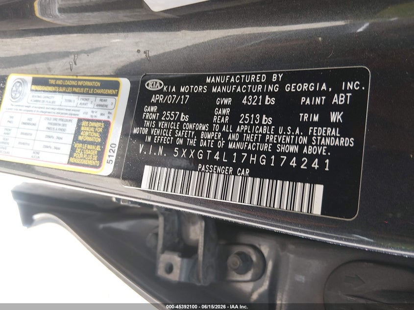2017 Kia Optima VIN 5XXGT4L17HG174241 IAAI salvage auction — FRONT END, Clear (Indiana), sold $1,825 on 2026-07-15 (photo 9)