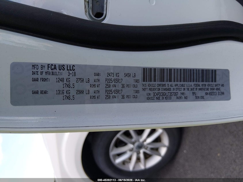 2018 Dodge Journey VIN 3C4PDCBGXJT357267 IAAI salvage auction — NORMAL WEAR, Sf97 (Virginia), sold $7,600 on 2026-07-27 (photo 9)
