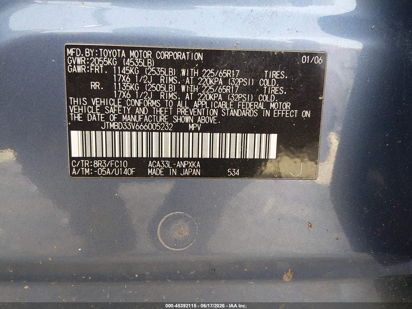 2006 Toyota Rav 4 VIN JTMBD33V666005232 IAAI salvage auction — REAR END, Salvage (West Virginia), sold $875 on 2026-07-23 (photo 9)