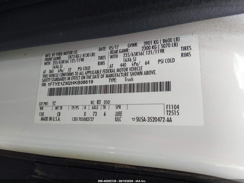 2017 Ford Transit 150 VIN 1FTYE1ZM2HKB08619 IAAI salvage auction — NORMAL WEAR, SF97 (Virginia), sold $20,050 on 2026-07-22 (photo 9)