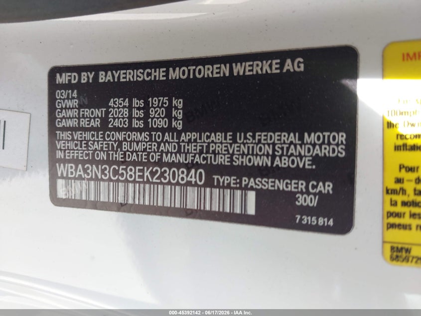 2014 BMW 4er VIN WBA3N3C58EK230840 IAAI salvage auction — FRONT END, Salvage (North Carolina), sold $475 on 2026-07-15 (photo 9)