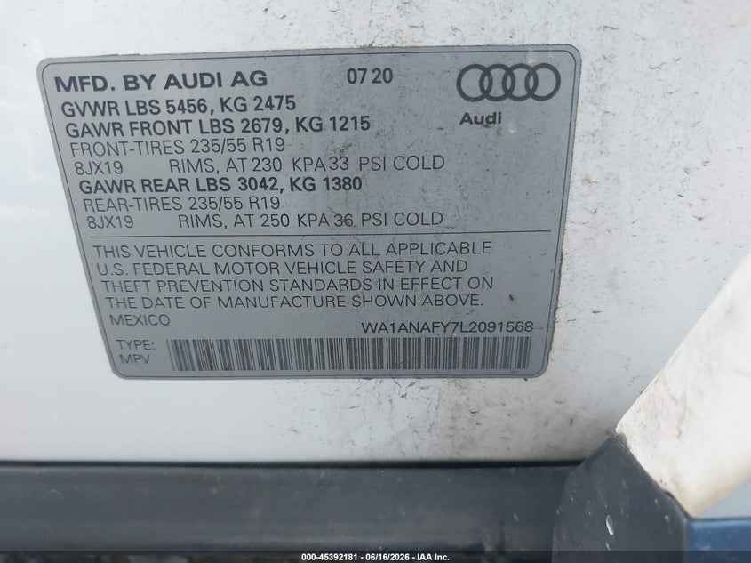 2020 Audi Q5 VIN WA1ANAFY7L2091568 IAAI salvage auction — FRONT END, Mv-907A (New York), sold $7,500 on 2026-07-14 (photo 9)
