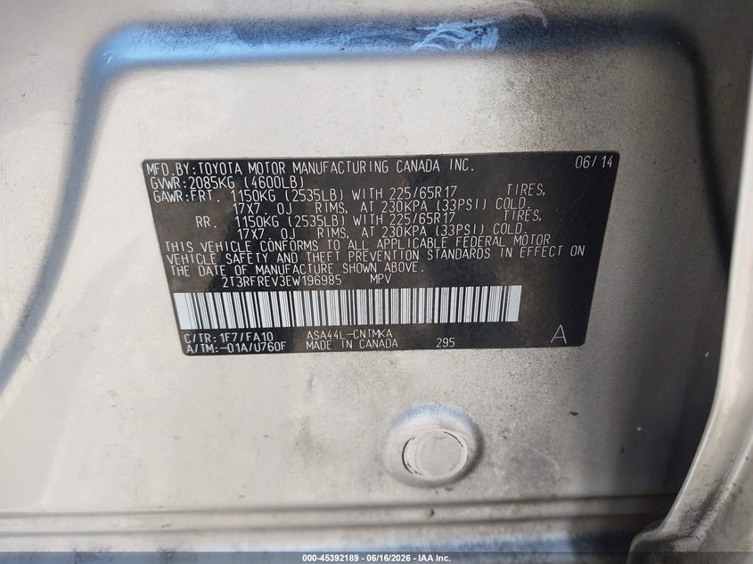 2014 Toyota Rav 4 VIN 2T3RFREV3EW196985 IAAI salvage auction — FRONT & REAR, Clear (Wisconsin), sold $3,850 on 2026-07-09 (photo 9)