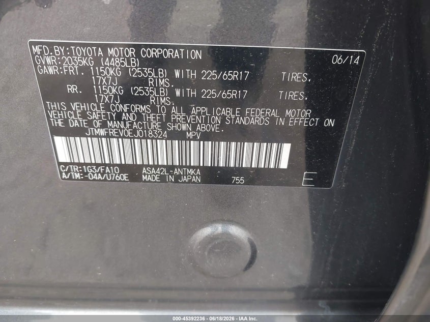2014 Toyota Rav 4 VIN JTMWFREV0EJ018324 IAAI salvage auction — LEFT REAR, Salvage (Virginia), sold $5,600 on 2026-07-14 (photo 9)