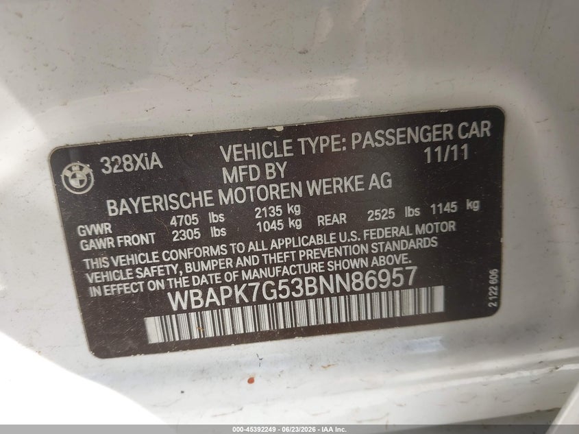 2011 BMW 3 series VIN WBAPK7G53BNN86957 IAAI salvage auction — Burn Engine, Salvage (Pennsylvania), sold $350 on 2026-07-07 (photo 9)