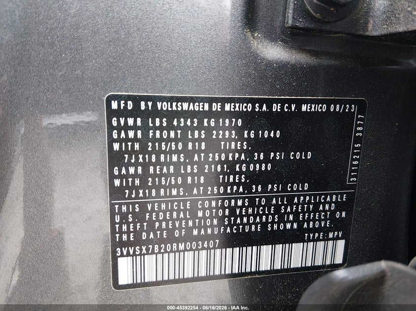 2024 Volkswagen Taos VIN 3VVSX7B20RM003407 IAAI salvage auction — SIDE, Salvage Title, sold $8,200 on 2026-08-12 (photo 9)