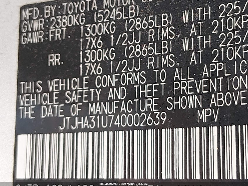 2004 Lexus Rx 330 VIN JTJHA31U740002639 IAAI salvage auction — NORMAL WEAR, Original (Texas), sold $1,050 on 2026-07-06 (photo 9)