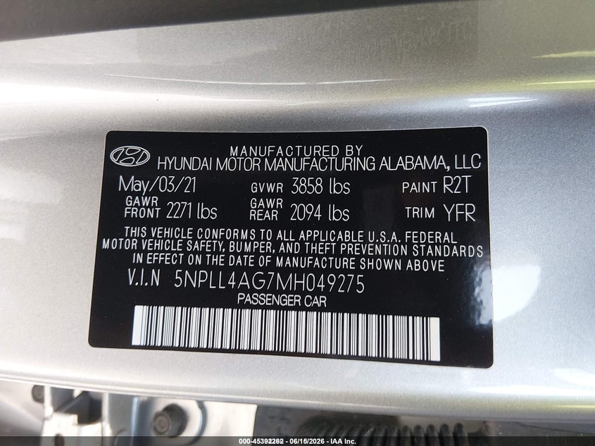 2021 Hyundai Elantra VIN 5NPLL4AG7MH049275 IAAI salvage auction — NORMAL WEAR, SF97 (Maryland), sold $225 on 2026-07-21 (photo 9)