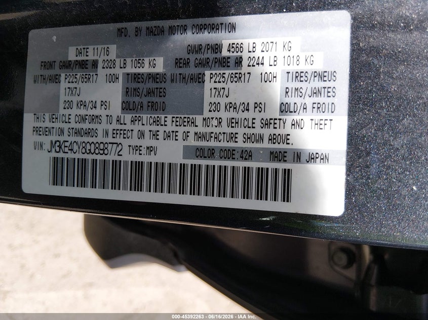 2016 Mazda Cx-5 VIN JM3KE4CY8G0898772 IAAI salvage auction — HAIL, Salvage Title, sold $3,000 on 2026-07-28 (photo 9)