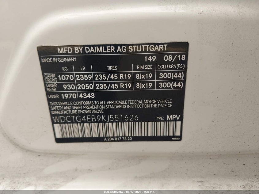 2019 Mercedes-benz Gla-klasse VIN WDCTG4EB9KJ551626 IAAI salvage auction — LEFT & RIGHT, Rebuildable (Florida), sold $4,200 on 2026-07-23 (photo 9)