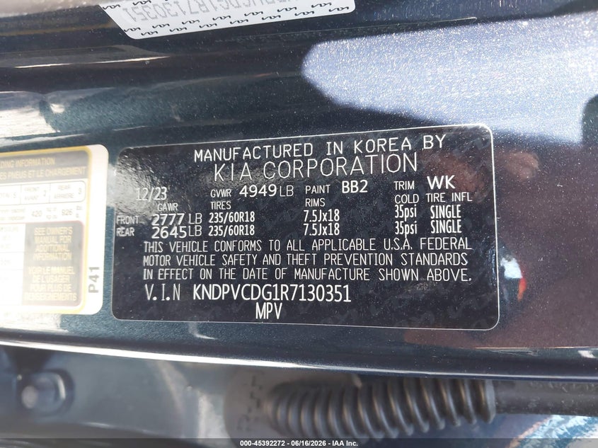 2024 Kia Sportage VIN KNDPVCDG1R7130351 IAAI salvage auction — ROLLOVER, Salvage (Idaho), sold $2,550 on 2026-07-15 (photo 9)