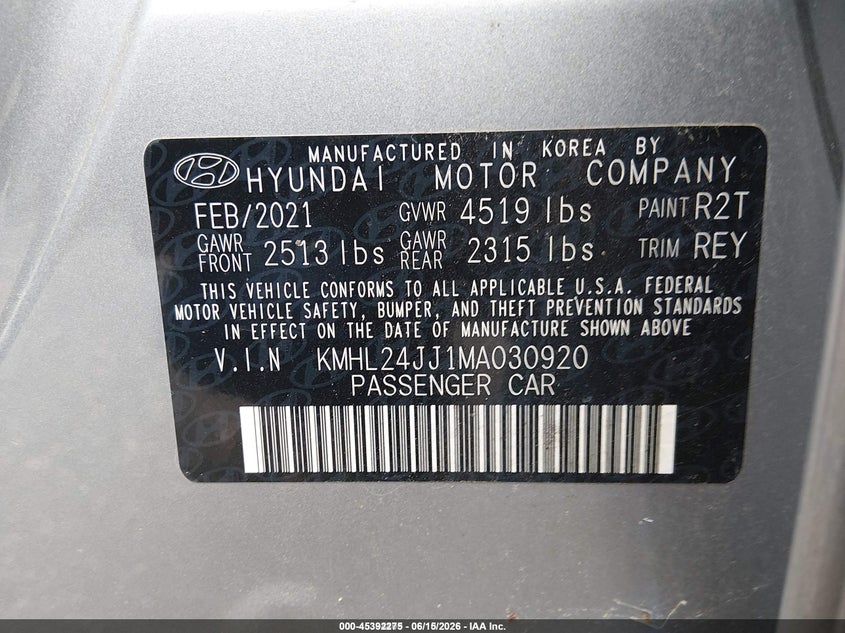 2021 Hyundai Sonata VIN KMHL24JJ1MA030920 IAAI salvage auction — NORMAL WEAR, SF97 (Maryland), sold $1,550 on 2026-07-21 (photo 9)
