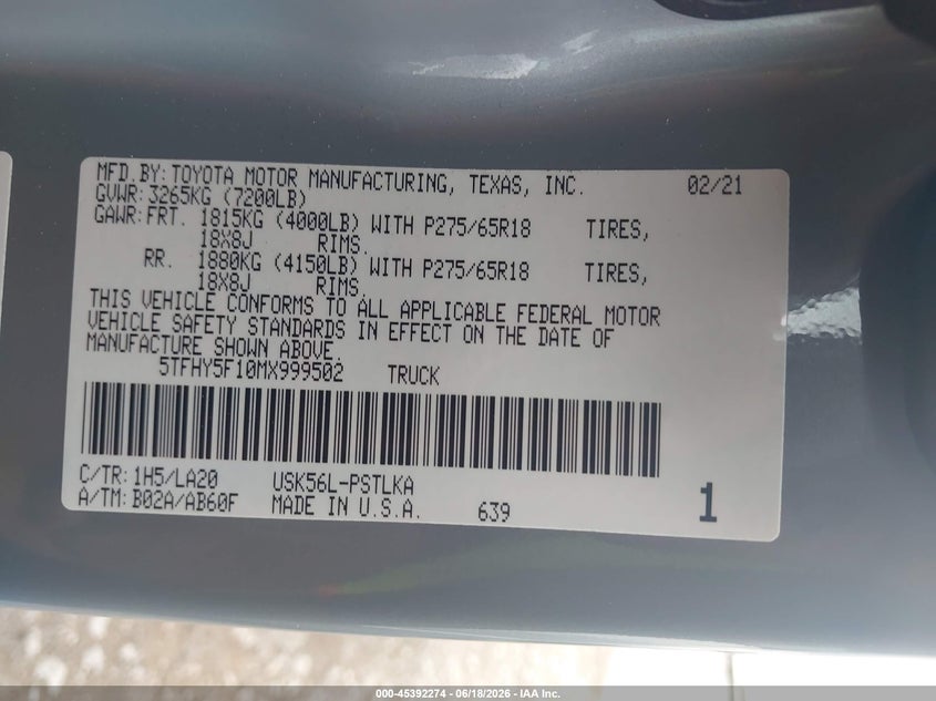 2021 Toyota Tundra VIN 5TFHY5F10MX999502 IAAI salvage auction — SIDE, Salvage (Tennessee), sold $18,400 on 2026-07-09 (photo 9)