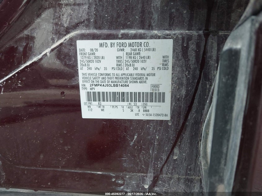 2020 Ford Edge VIN 2FMPK4J93LBB14084 IAAI salvage auction — FRONT END, Salvage (Missouri), sold $2,650 on 2026-08-01 (photo 9)