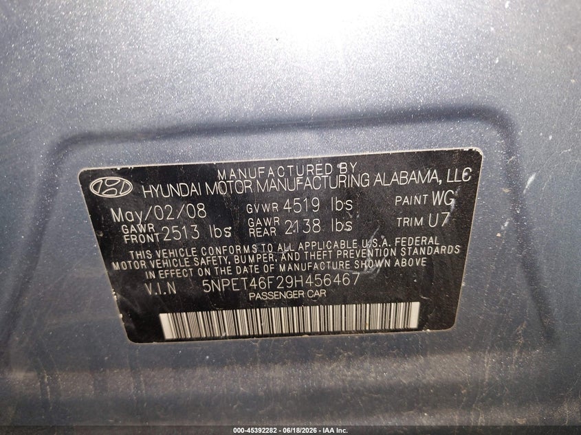 2009 Hyundai Sonata VIN 5NPET46F29H456467 IAAI salvage auction — FRONT & REAR, Salvage (Pennsylvania), sold $275 on 2026-07-09 (photo 9)