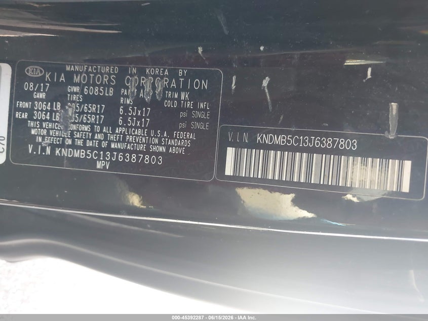 2018 Kia SEDONA VIN KNDMB5C13J6387803 IAAI salvage auction — NORMAL WEAR, Clear (Tennessee), sold $600 on 2026-07-16 (photo 9)