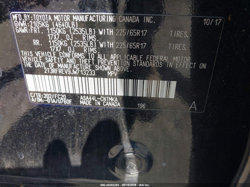 2018 Toyota Rav 4 VIN 2T3RFREV9JW713233 IAAI salvage auction — LEFT FRONT, Salvage - 75% Or Less (Maryland), sold $6,100 on 2026-07-27 (photo 9)