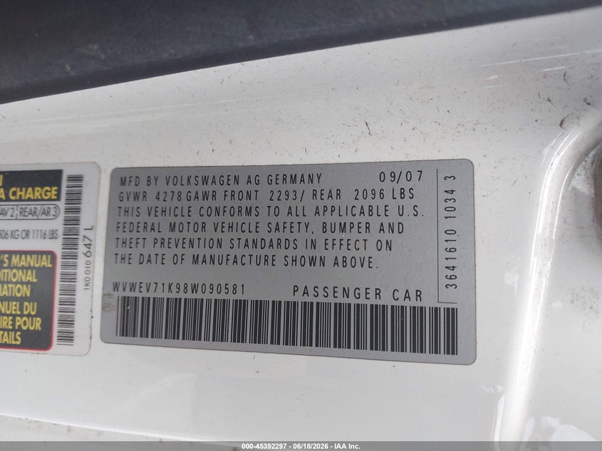2008 Volkswagen Gti VIN WVWEV71K98W090581 IAAI salvage auction — FRONT END, Salvage (New Jersey), sold $25 on 2026-07-27 (photo 9)