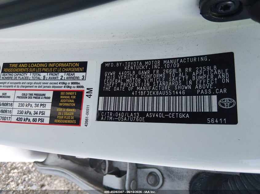 2010 Toyota Camry VIN 4T1BF3EK8AU551446 IAAI salvage auction — REAR END, Salvage - Greater Than 75% (Maryland), sold $1,500 on 2026-07-27 (photo 9)
