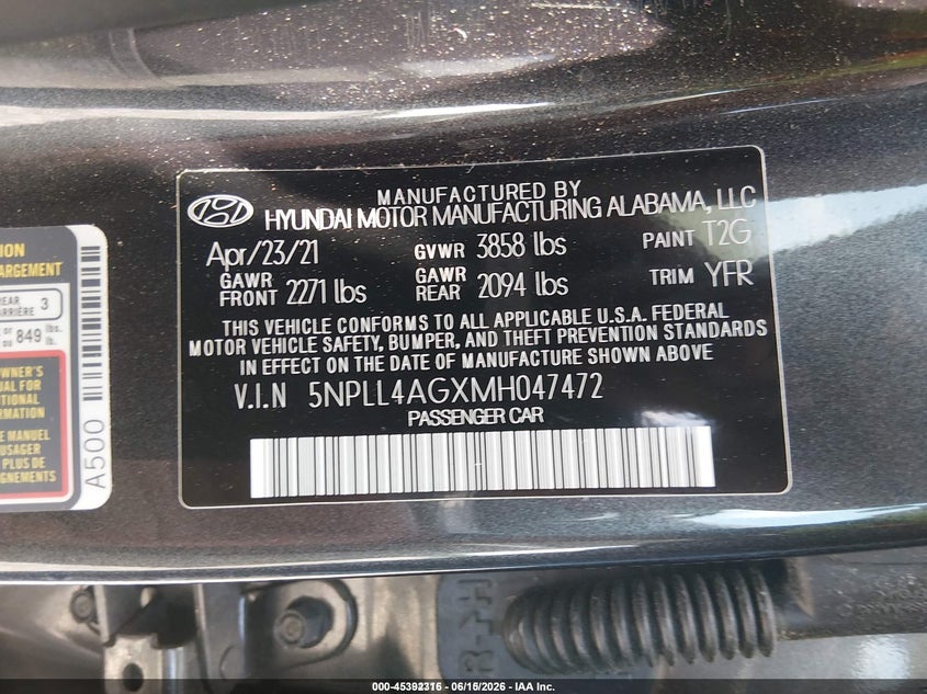 2021 Hyundai Elantra VIN 5NPLL4AGXMH047472 IAAI salvage auction — NORMAL WEAR, SF97 (Maryland), sold $525 on 2026-07-21 (photo 9)