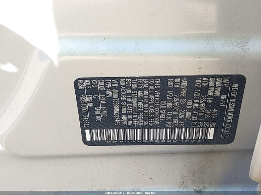 2021 Nissan Rogue VIN JN8AT3BB8MW233465 IAAI salvage auction — FRONT END, Salvage Title, sold $6,400 on 2026-07-23 (photo 9)
