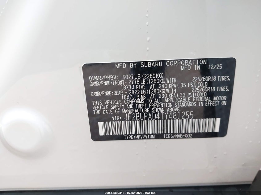 2026 Subaru Outback VIN JF2BUPAD4TY481255 IAAI salvage auction — FRONT END, Salvage (California), sold $6,300 on 2026-07-29 (photo 9)