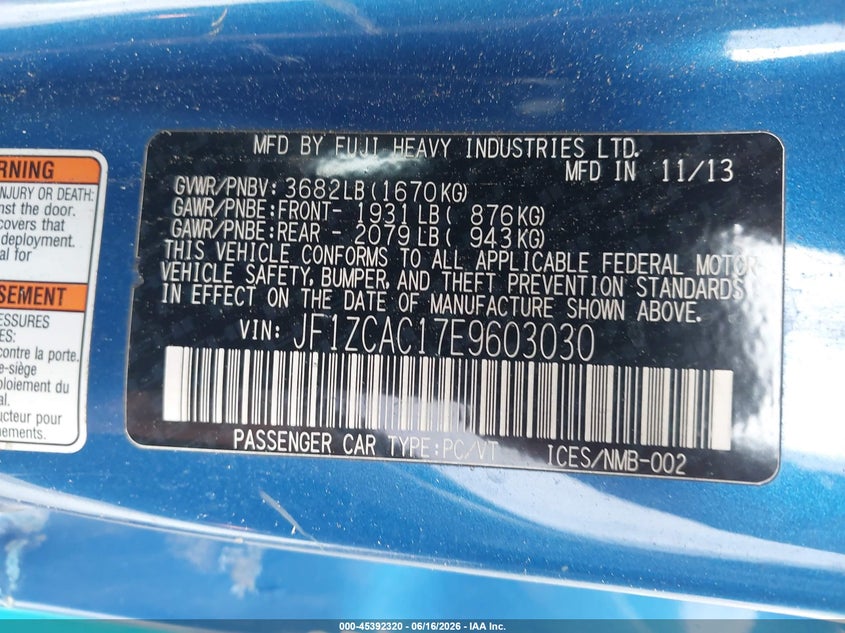 2014 Subaru Brz VIN JF1ZCAC17E9603030 IAAI salvage auction — LEFT SIDE, Rebuildable (Florida), sold $2,125 on 2026-07-21 (photo 9)