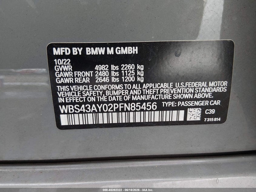 2023 BMW M3 VIN WBS43AY02PFN85456 IAAI salvage auction — RIGHT SIDE, Salvage (Louisiana), sold $31,200 on 2026-07-30 (photo 9)