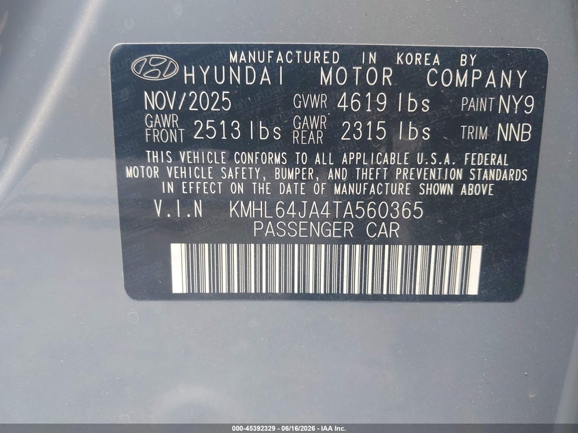 2026 Hyundai Sonata VIN KMHL64JA4TA560365 IAAI salvage auction — HAIL, Salvage Title, sold $2,750 on 2026-07-23 (photo 9)