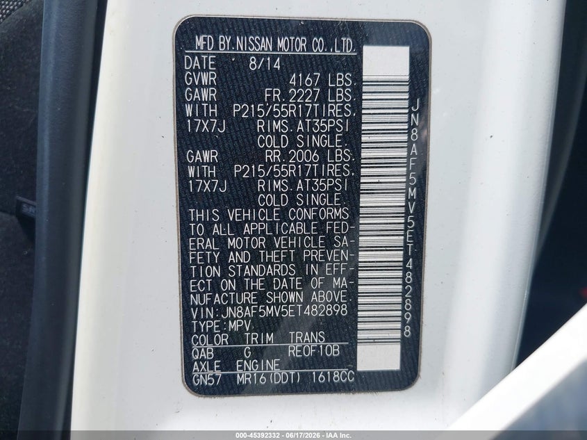 2014 Nissan Juke VIN JN8AF5MV5ET482898 IAAI salvage auction — LEFT FRONT, Salvage - Greater Than 75% (Maryland), sold $1,200 on 2026-07-22 (photo 9)