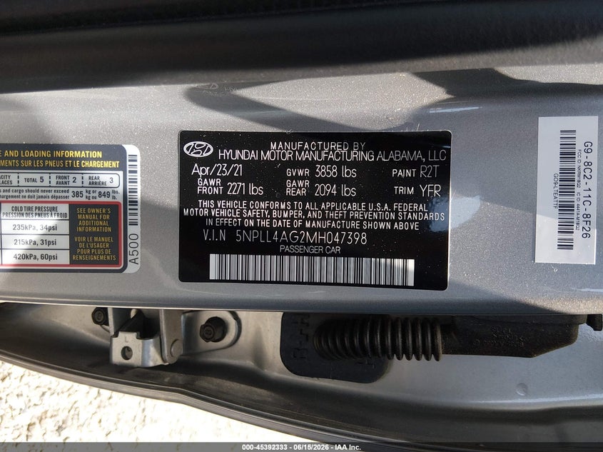 2021 Hyundai Elantra VIN 5NPLL4AG2MH047398 IAAI salvage auction — NORMAL WEAR, SF97 (Maryland), sold $5,100 on 2026-07-21 (photo 9)