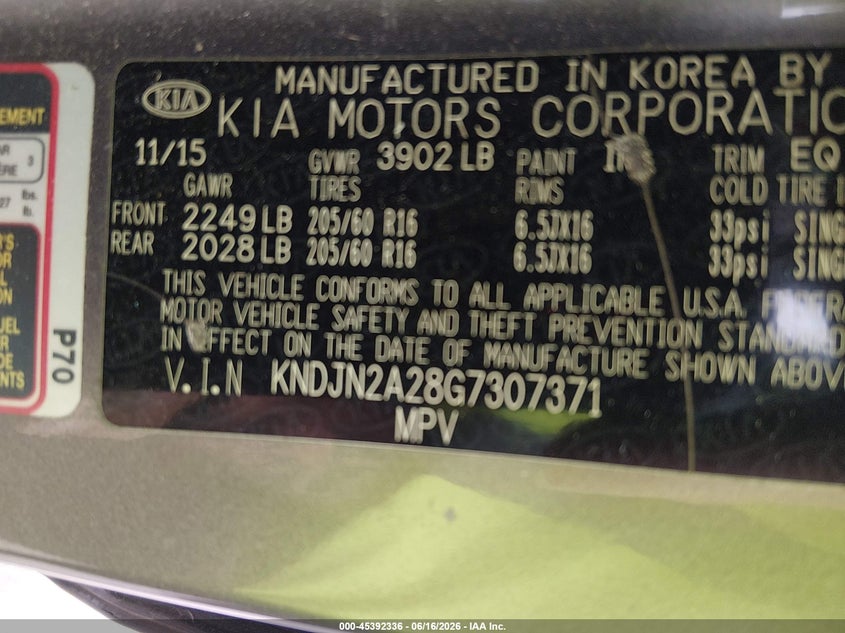 2016 Kia Soul VIN KNDJN2A28G7307371 IAAI salvage auction — LEFT SIDE, Salvage (North Carolina), sold $1,150 on 2026-07-15 (photo 9)