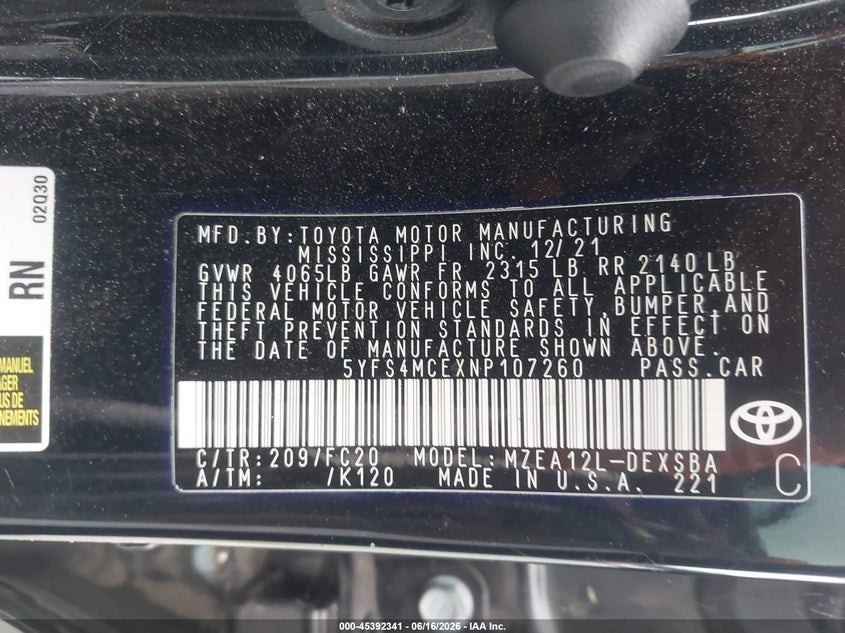 2022 Toyota Corolla VIN 5YFS4MCEXNP107260 IAAI salvage auction — FRONT & REAR, Salvage (Georgia), sold $4,200 on 2026-07-27 (photo 9)